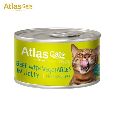 Atlas Cat Beef with Vegetables in Jelly แอทลาส อาหารแมวพรีเมี่ยม สูตรเนื้อวัวผสมผักในเยลลี่ ปราศจากสารปรุงแต่ง (85g)