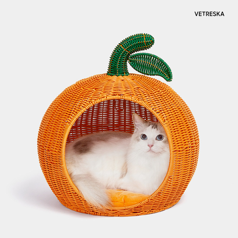 VETRESKA Citrus Rattan Cat Bed ที่นอนหวายผลส้ม สำหรับสัตว์เลี้ยง ทำจากหวายสาน ทนทาน แมวสามารถข่วนเล่นได้