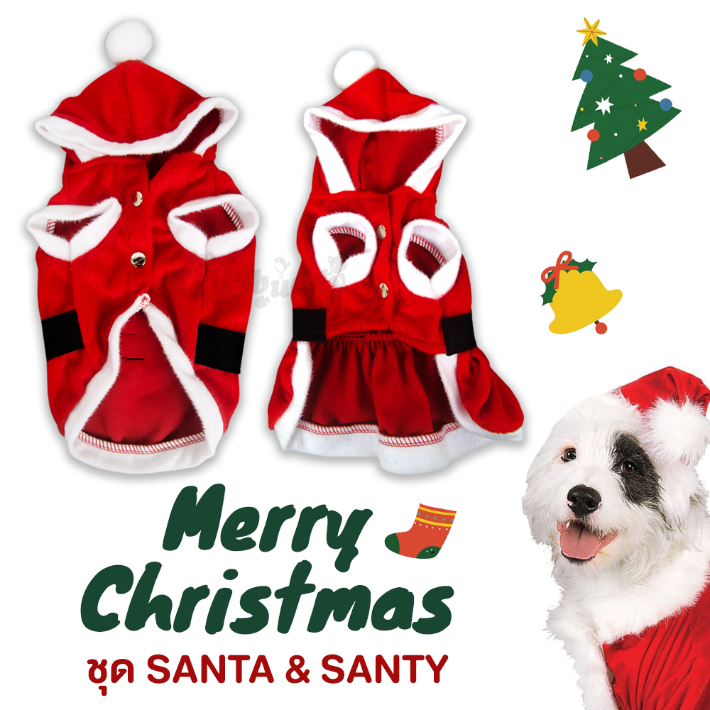 Merry X'mas ชุดแฟชั่นเสื้อสุนัข/แมว ชุดสุนัขซานต้า แซนตี้ สีแดง คาดเข็มขัดมีฮู้ด สวม 2 ขาหน้า ผ้านุ่ม