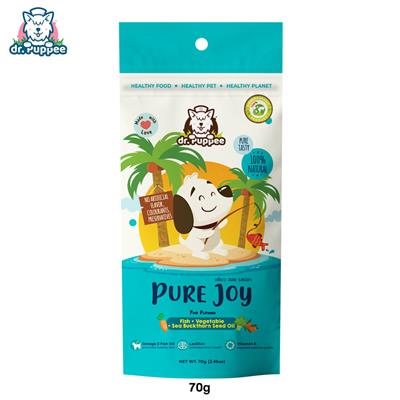 (EXP:23/07/2023) PURE Joy Fish ขนมเพียวจอย ขนมสุนัขเพื่อสุขภาพ สูตรปลา และผัก 3 สี บำรุงขน ลดการอักเสบของผิวหนัง (ขนาดพกพา) (70g)