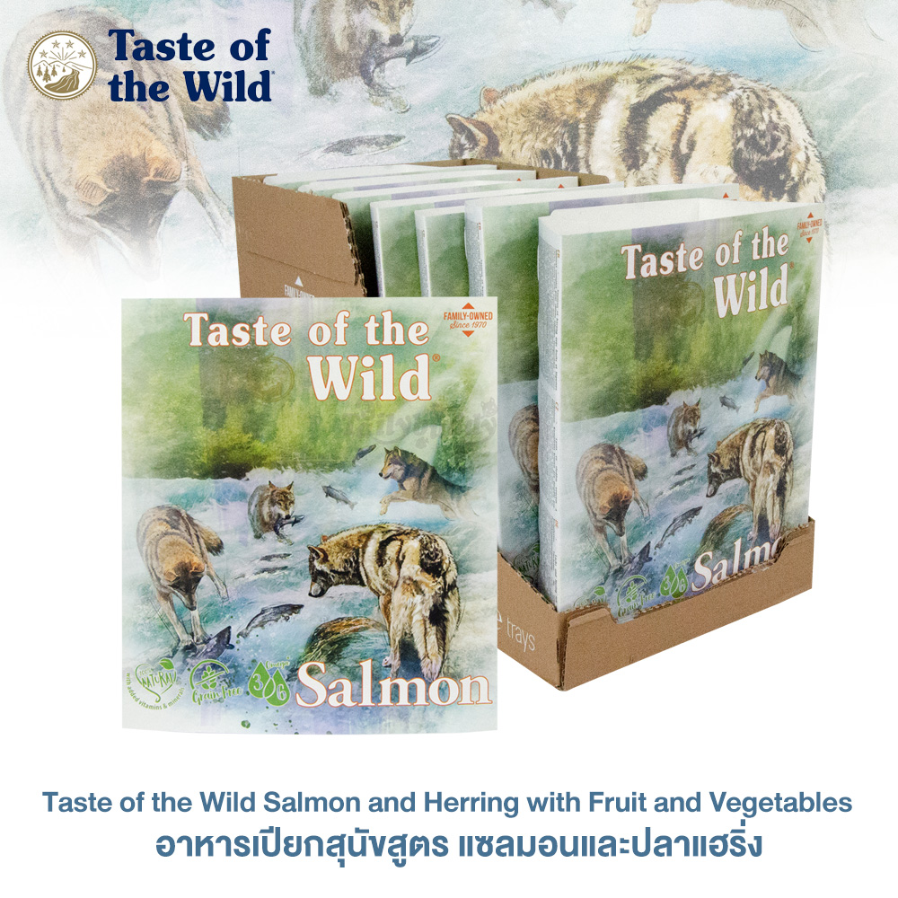 Taste of the Wild Salmon อาหารเปียกแบบถาด สูตรปลาแซลมอนและแฮร์ริ่ง ผสมผลไม้และผัก สำหรับสุนัขโต (Grain-Free) (390g)
