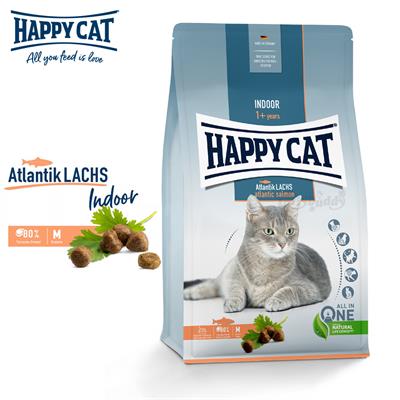 Happy cat Atlantic Salmon Indoor อาหารแมวโต เลี้ยงในบ้าน สูตรปลาแซลมอน (300g, 1.3kg, 4kg)