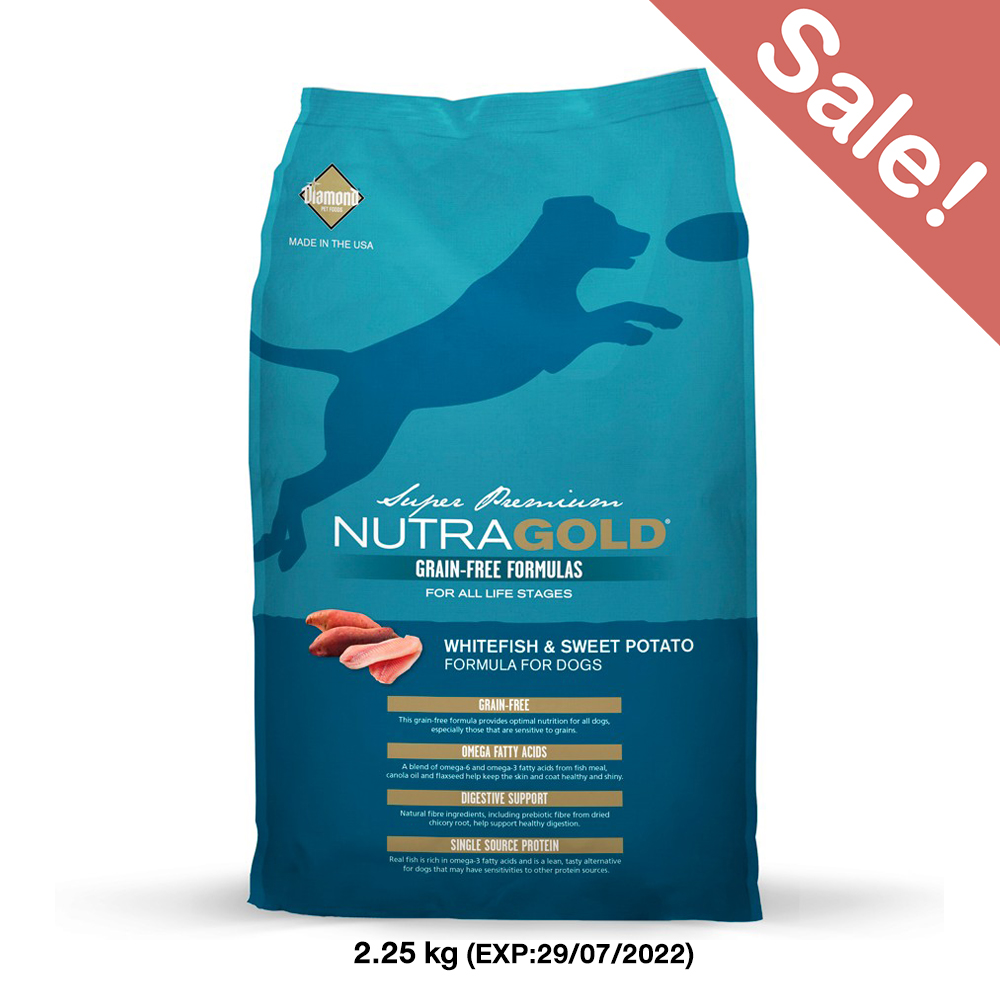 (EXP:29/07/2022) Nutra Gold grain free สูตรปลาเนื้อขาวและมันฝรั่ง (2.25 kg,)