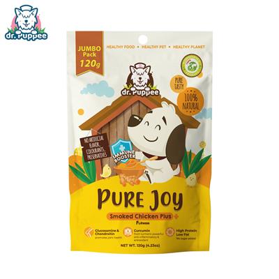 (EXP:23/07/2023) PURE Joy Smoked Chicken Plus+ เพียวจอย ขนมสุนัขเพื่อสุขภาพ สูตรไก่รมควันพลัส+ขมิ้นชัน เสริมภูมิต้านทานโรค หอม อร่อย ช่วยบำรุงข้อกระดูก ไขมันต่ำ (120g) by dr.Puppee