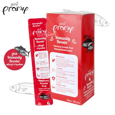 Pramy พรามี่ ขนมวิตามินแมวเลีย แซลมอนและทูน่า สูตรเสริมภูมิและบำรุงเลือด Immunity Booster ( สีแดง ) (V01) (14g)