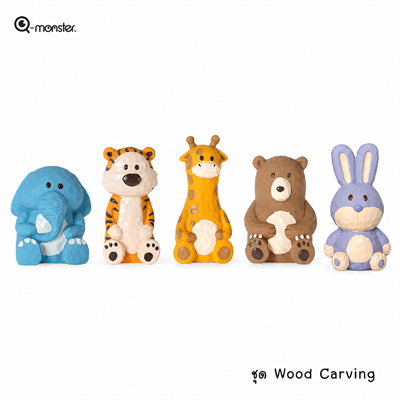 Q-monster Wood Carving ของเล่นสุนัข ชุดตุ๊กตาไม้ ทำจากยางพารา ผิวเป็นเหลี่ยม กัดมันส์ เคี้ยวเพลิน มีเสียงร้องเวลากัด ทนทาน