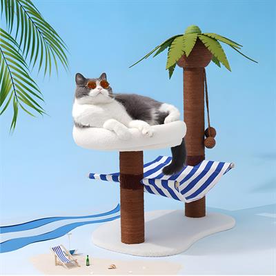 zeze Palm Tree Island คอนโดแมวขนาดเล็ก รูปทรงเกาะมะพร้าว มีเปลสำหรับนอนเล่น ต้นมะพร้าวใช้ลับเล็บ แข็งแรง แต่งบ้านได้สวยงาม