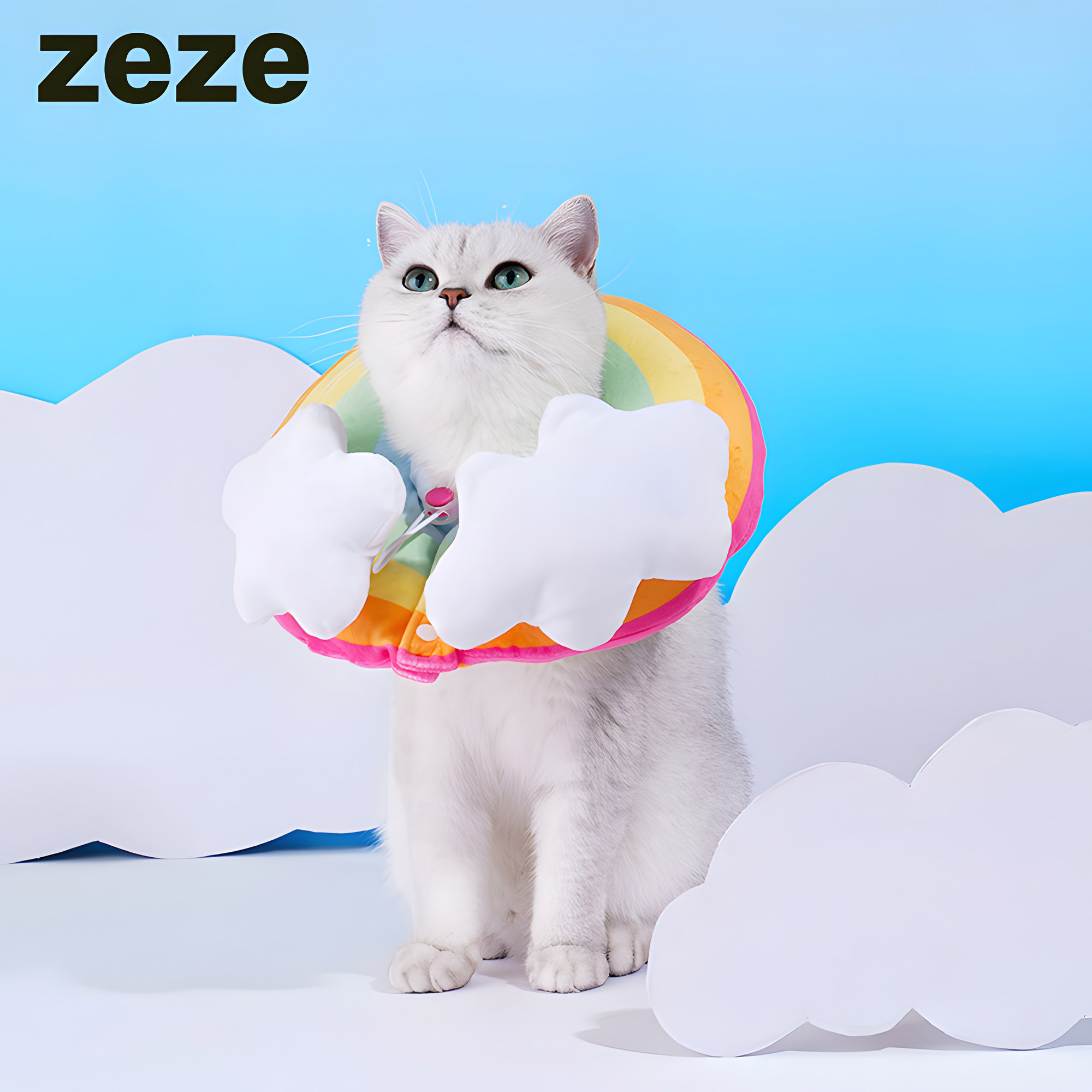 zeze Rainbow Collar ปลอกคอสายรุ้ง ปลอกคอกันแมวเลีย สีรุ้ง พร้อมก้อนเมฆ สีเฉดสดใส สวย นุ่ม ใส่สบาย ป้องกันแมวเลียแผล