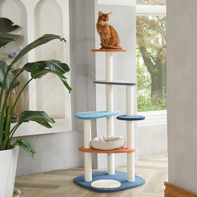 zeze Abstract Cat Furniture - handmade cat condo 4 levels with vintage color, high quality material, 3 poles balance, strong and durable