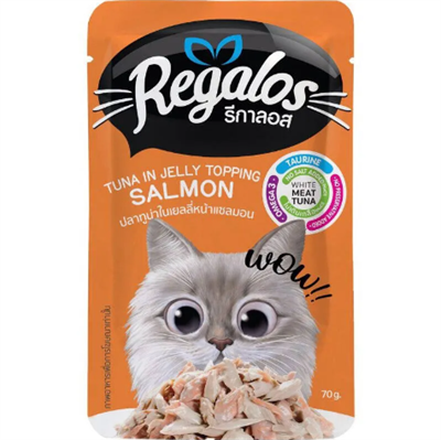 Regalos รีกาลอส อาหารแมวแบบเปียก ปลาทูน่าในเยลลี่หน้าปลาแซลมอน สำหรับแมว อายุ 1 ปีขึ้นไป (70g)