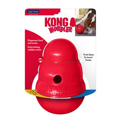 KONG Wobbler an action-packed toy that is a mentally stimulating food dispenser, dispensing tasty rewards as it wobbles, spins and rolls