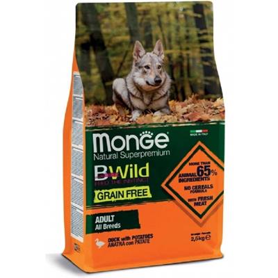 (EXP:03/10/2024) Monge B-Wild สูตรเนื้อเป็ดและมันฝรั่ง สำหรับสุนัขโต แพ้ง่าย (Grain-Free) ทุกสายพันธุ์ (2.5 kg)