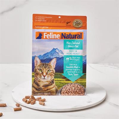 Feline Natural Beef & Hoki อาหารแมวฟรีซดราย สูตรเนื้อวัวและปลาโฮกิ สำหรับแมวทุกช่วงวัย สารอาหารครบถ้วน ใช้เป็นท็อปปิ้งเพิ่มความอยากอาหารได้(100g.,320g.)